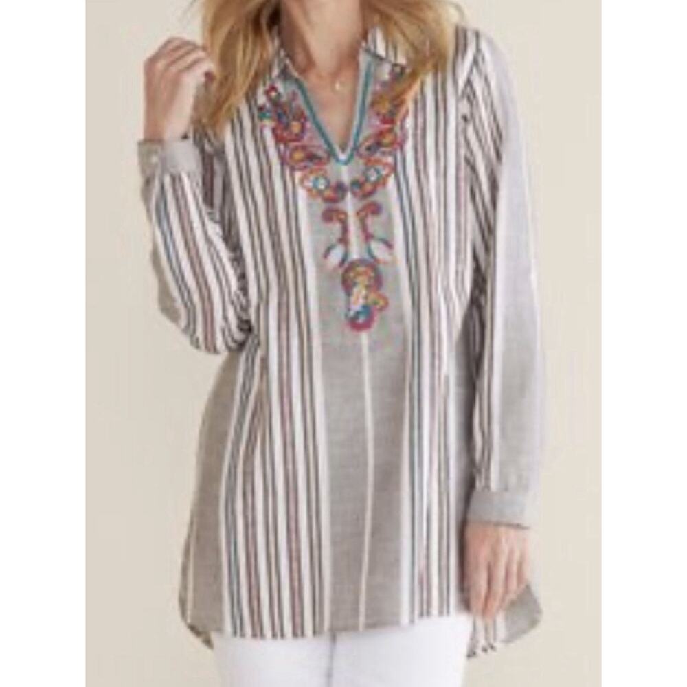 Soft Surroundings Large Brookhaven Embroidered bohemian beach Striped Tunic cozy